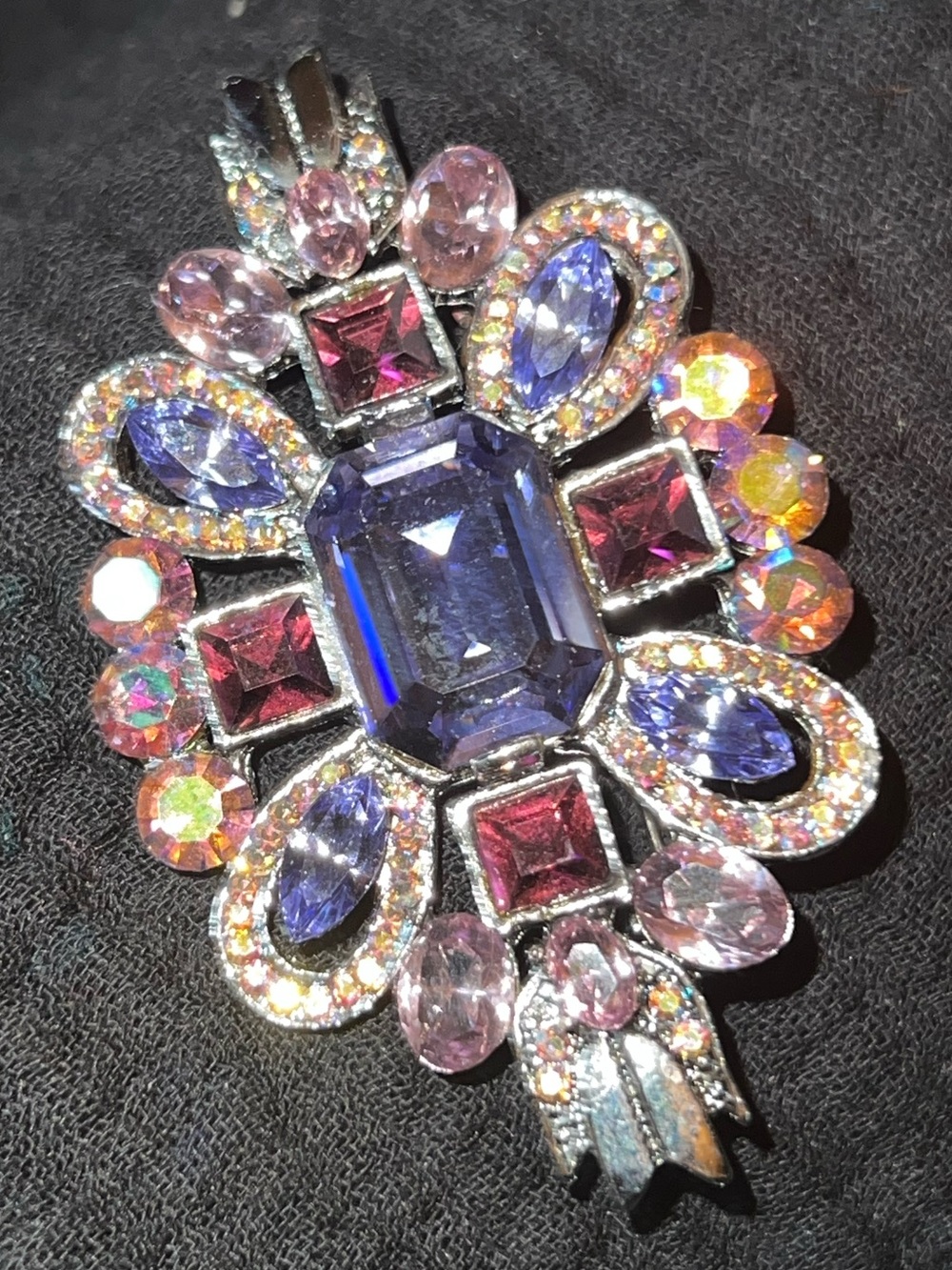Vintage AB Crystal Rhinestone  Silver Tone Purple & Pink Brooch Pin
